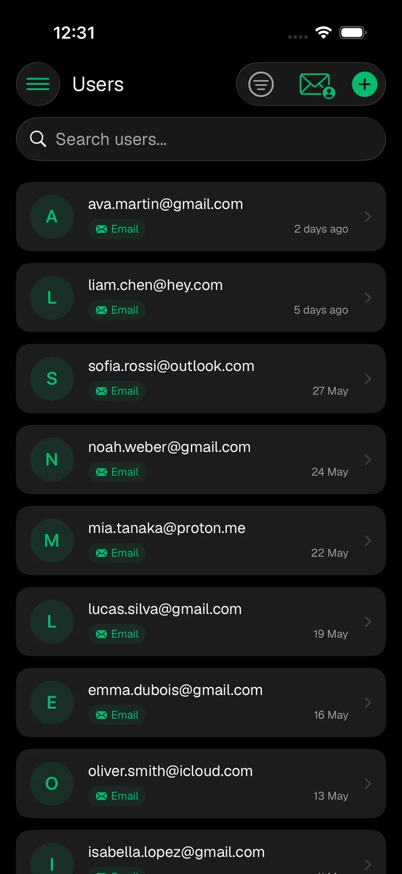Supanator Auth users list on iPhone with each user and their sign-in provider
