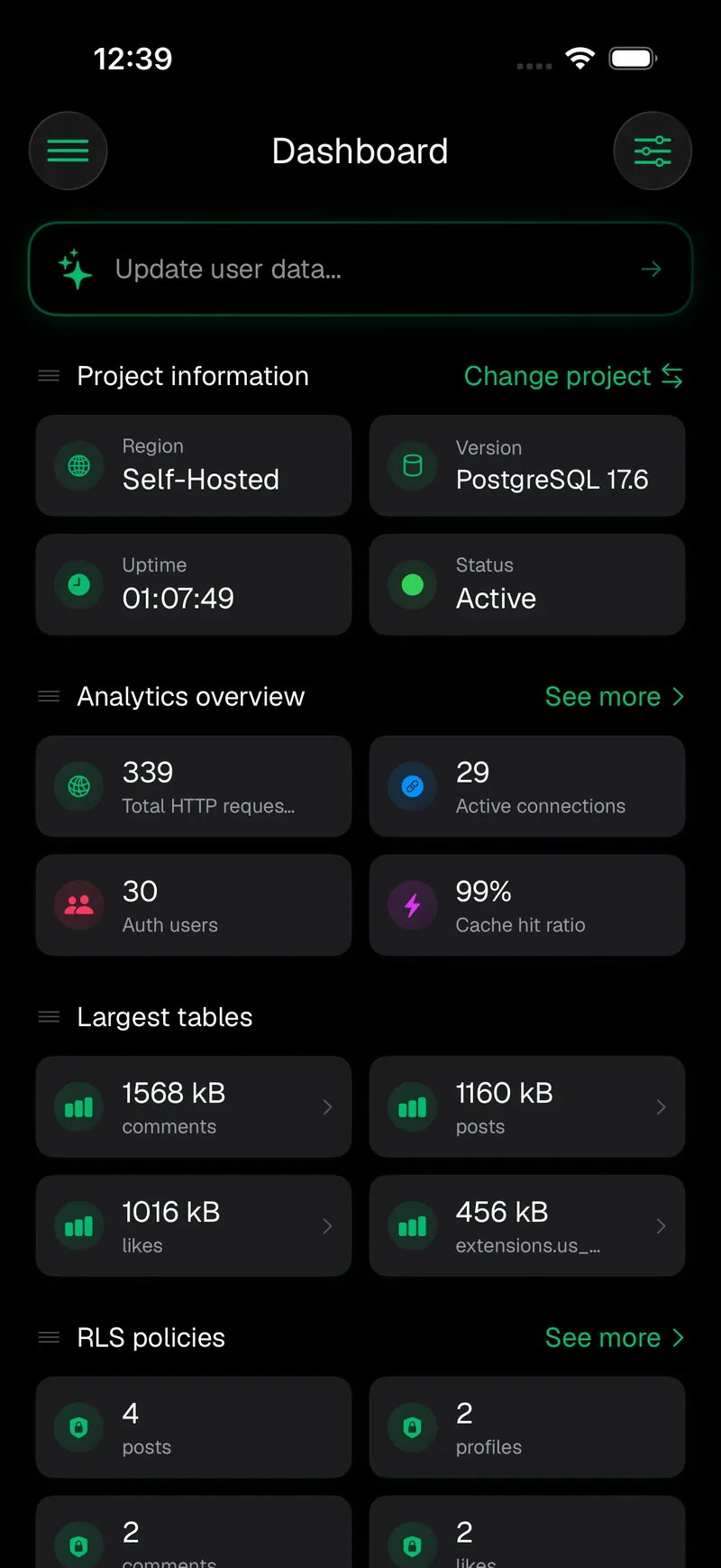 Supanator dashboard for a self-hosted project running PostgreSQL 17.6, with analytics and the largest tables