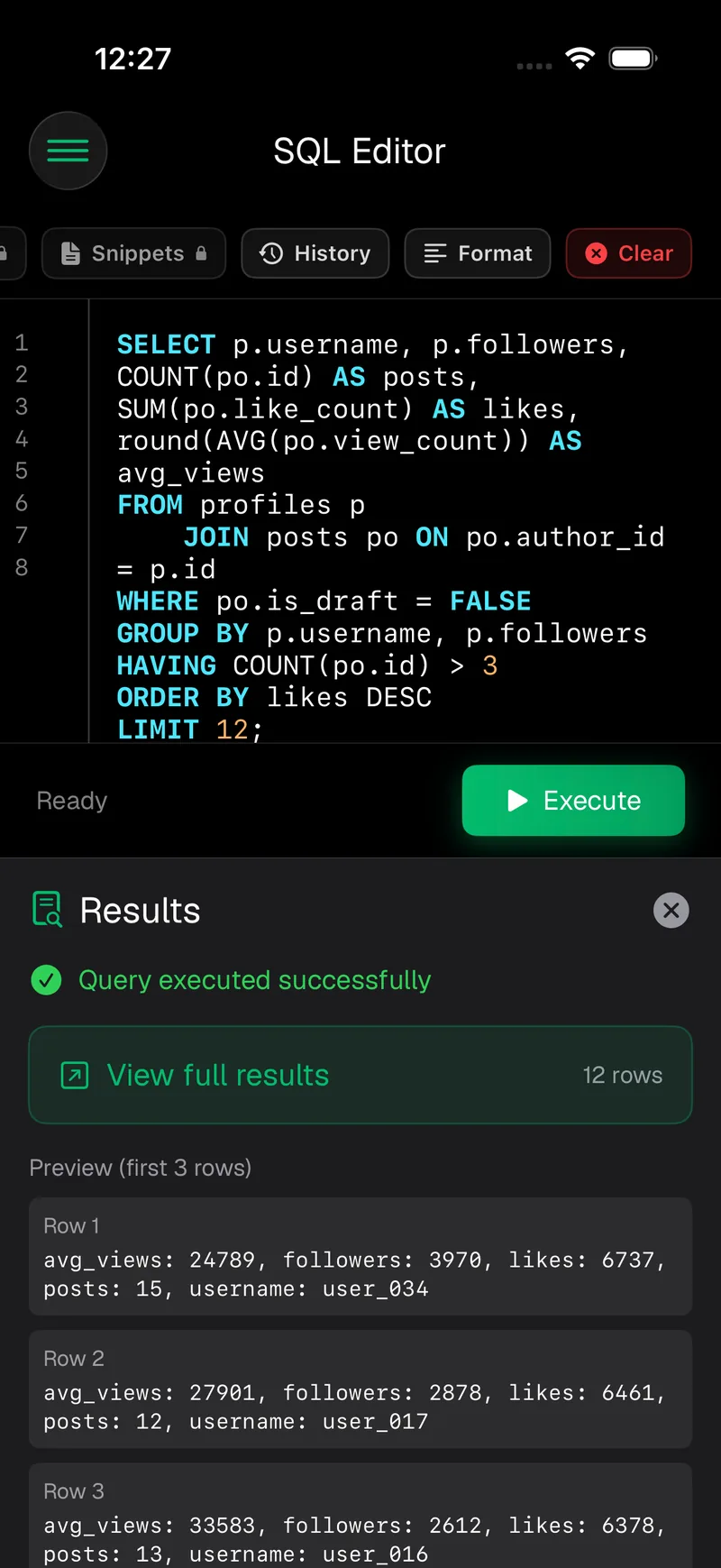 Supanator sql editor screen