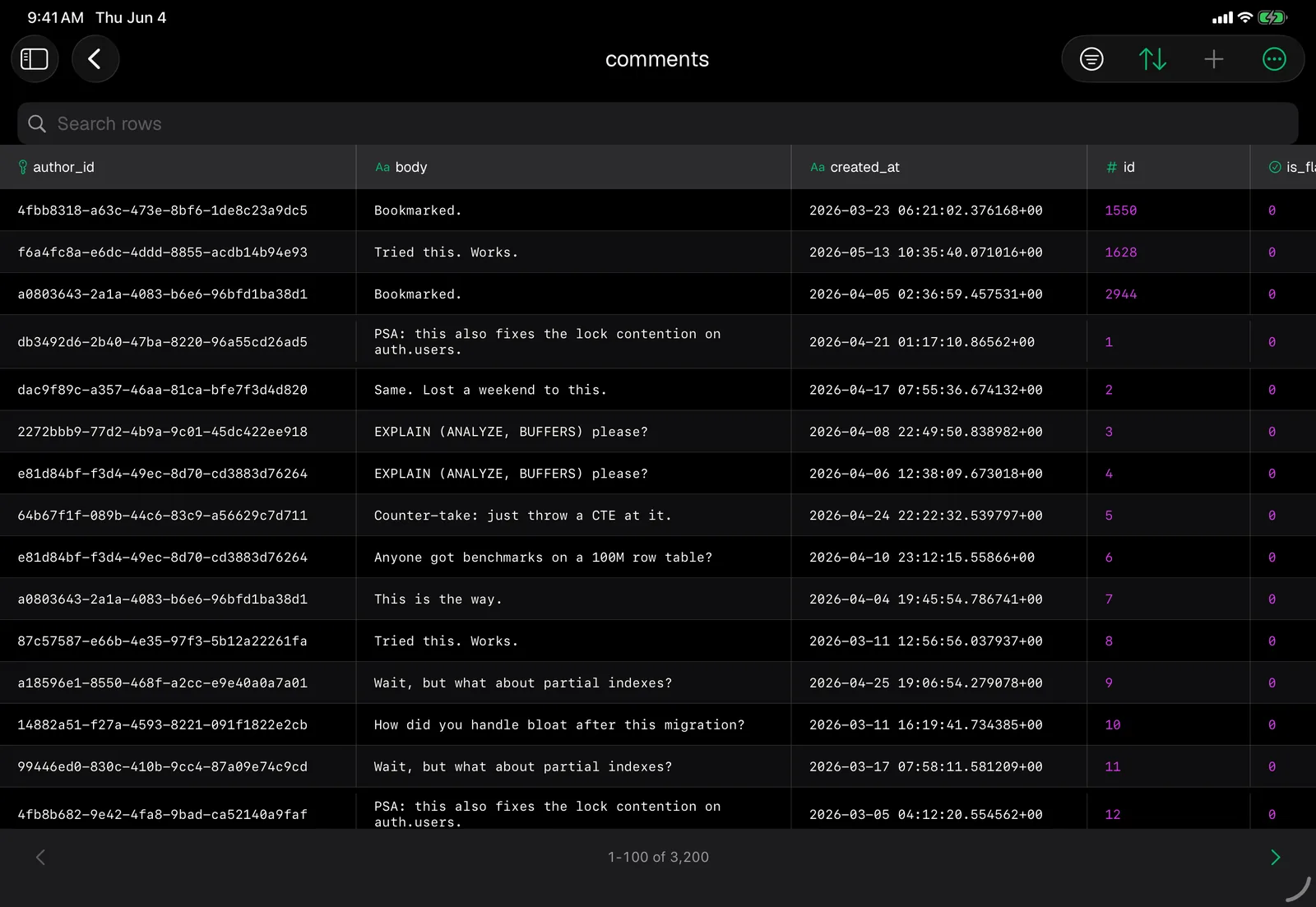 Supanator table editor on iPad showing the rows of a comments table, with search, filter and sort